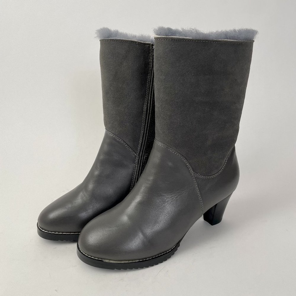 NEW Auabp Leather Shearling Lined Mid Height Heeled Boots, Grey, Size 9